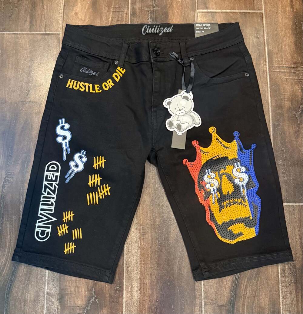 Civilized Men's Black Rhinestone Crown Skull Hustle Or Die Denim Shorts Size 34